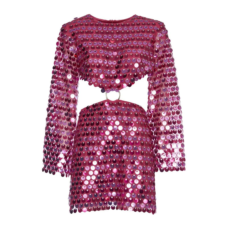 CHNMR Sexy Shiny Sequins Dresses Female Glitter Flaer Sleeve Slim Hollow Out Mini Dress Sparkling Club Party Outfits High Street