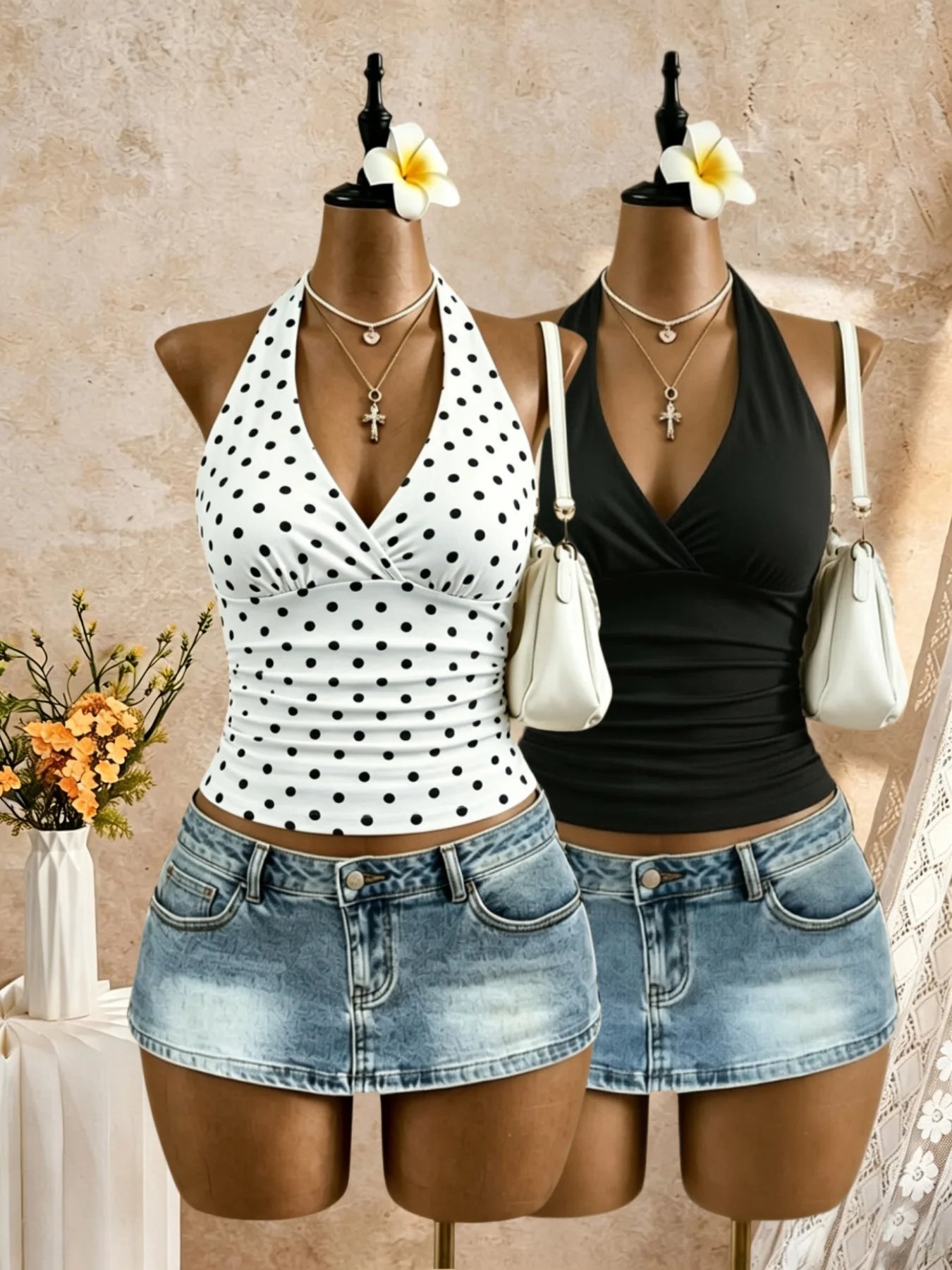 2 Pack Multi-color Women Halter Deep V Cross Wrap Side Ruched Slim Crop Camisole 2026 Summer Y2K Solid Sleeveless Casual Daily T