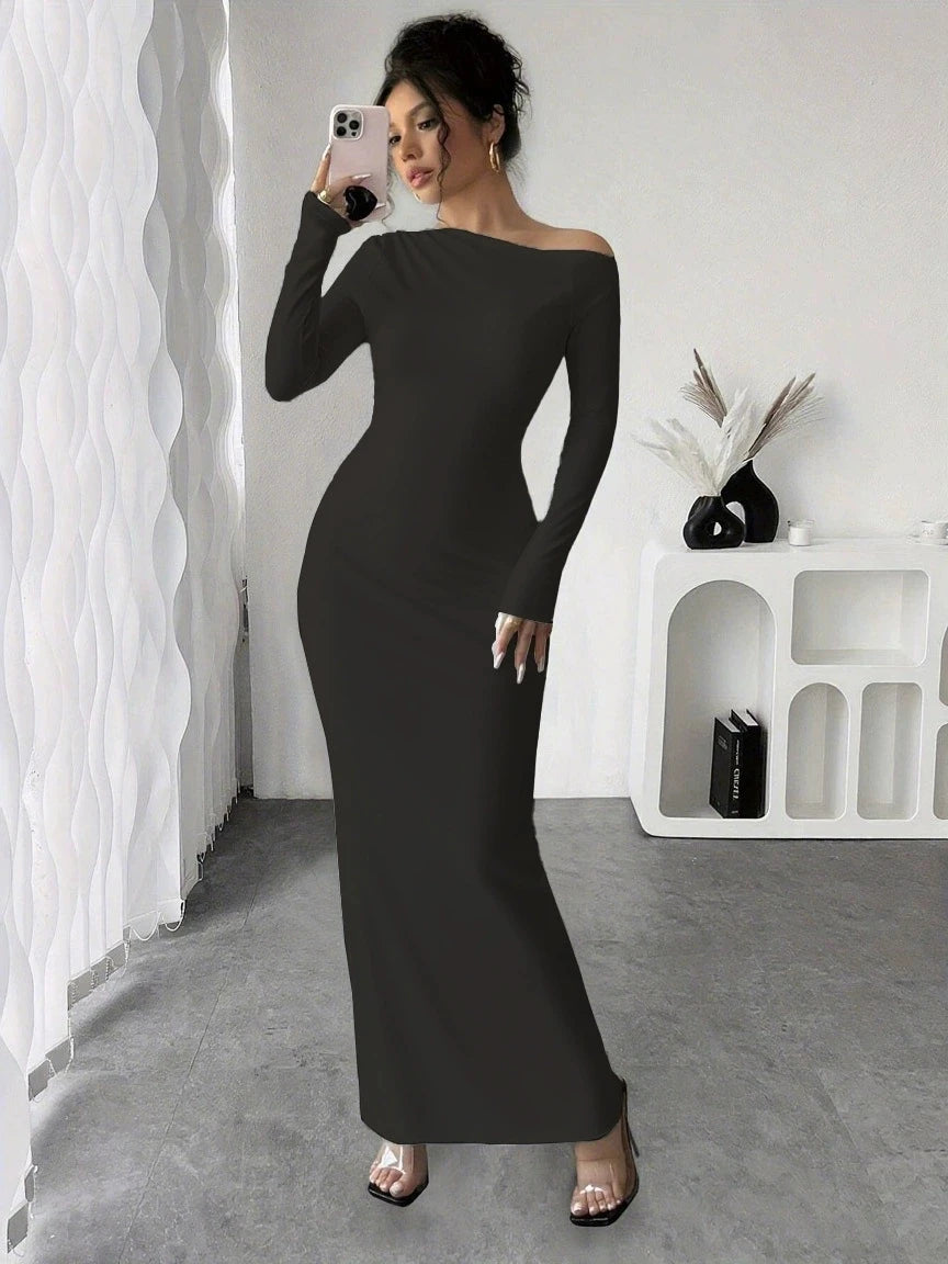Trendy Elegant High-Waist Long-Sleeved Bodycon Dress Autumn New Style Individual Solid Color Figure-Hugging Sexy